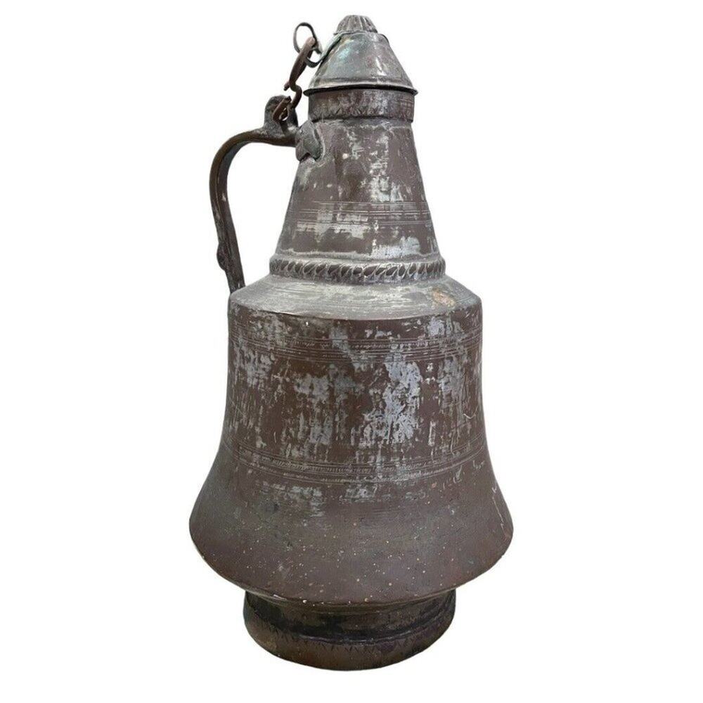 Antique Lidded Copper Middle Eastern Ewer Aftabeh 16.5”x9.5” Diameter